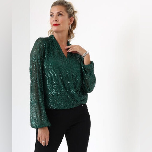 Haven & Blair London Green Sequin Wrap Shirt Size XS - Picture 1 of 9